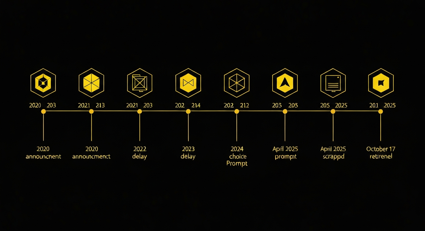 Privacy Sandbox timeline from 2020 announcement to October 17 2025 retirement showing seven delay and cancellation milestones