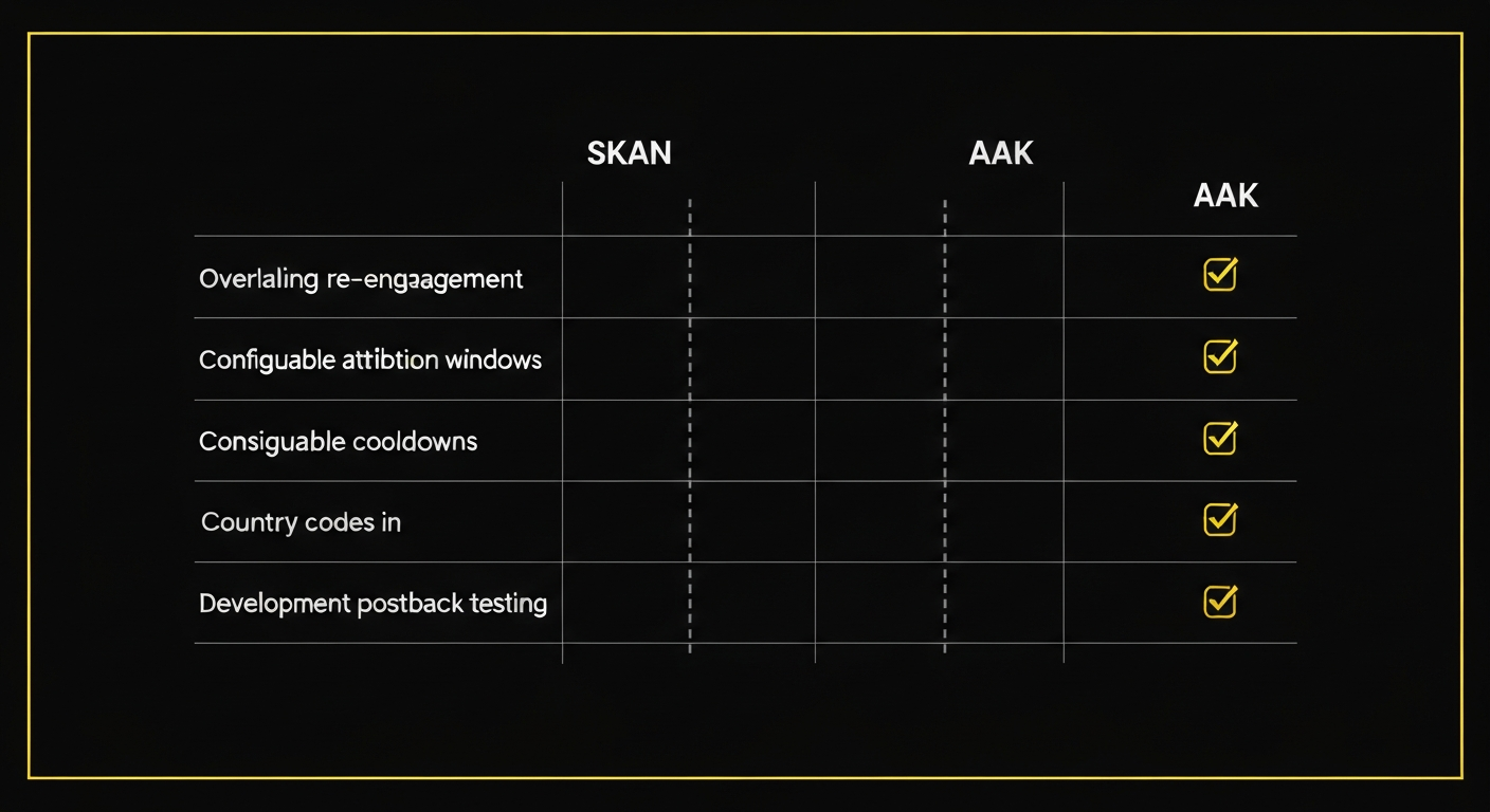 AdAttributionKit versus SKAdNetwork feature matrix showing AAK 18.4 capabilities over SKAN