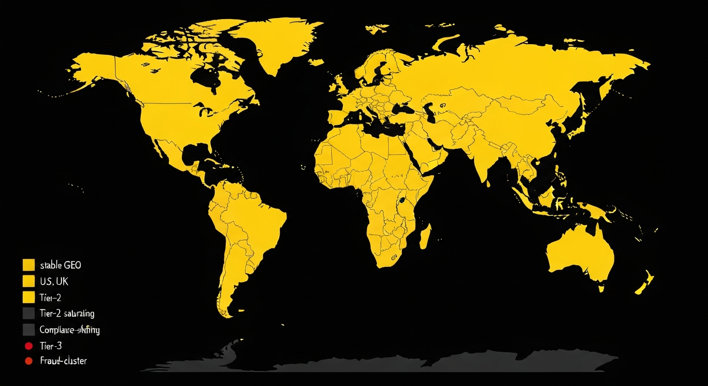 2026 dating affiliate GEO heat map showing Tier-1 stable Tier-2 saturating Tier-3 fraud cluster regions