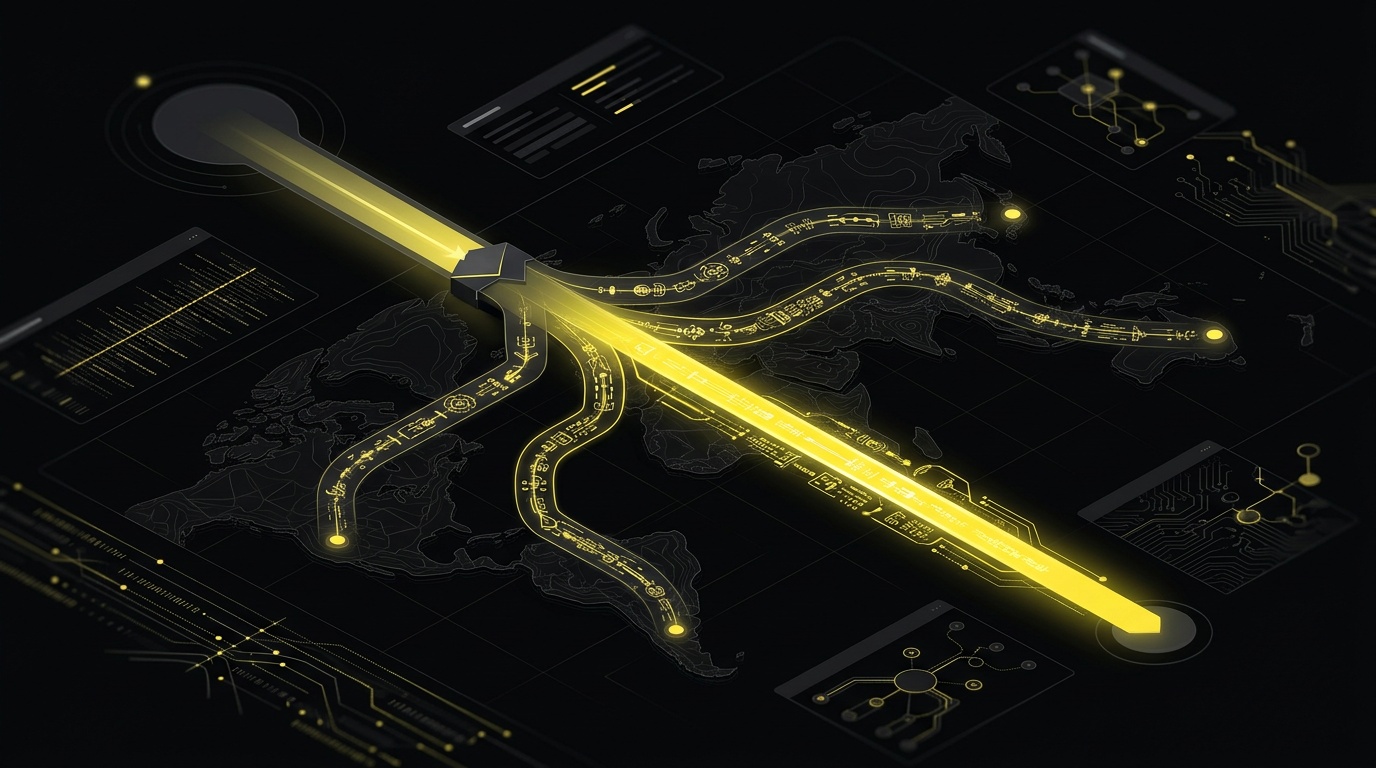 Smartlink routing diagram: one click splits into multiple paths, winning yellow path lights up — alternatives to LosPollos affiliate program