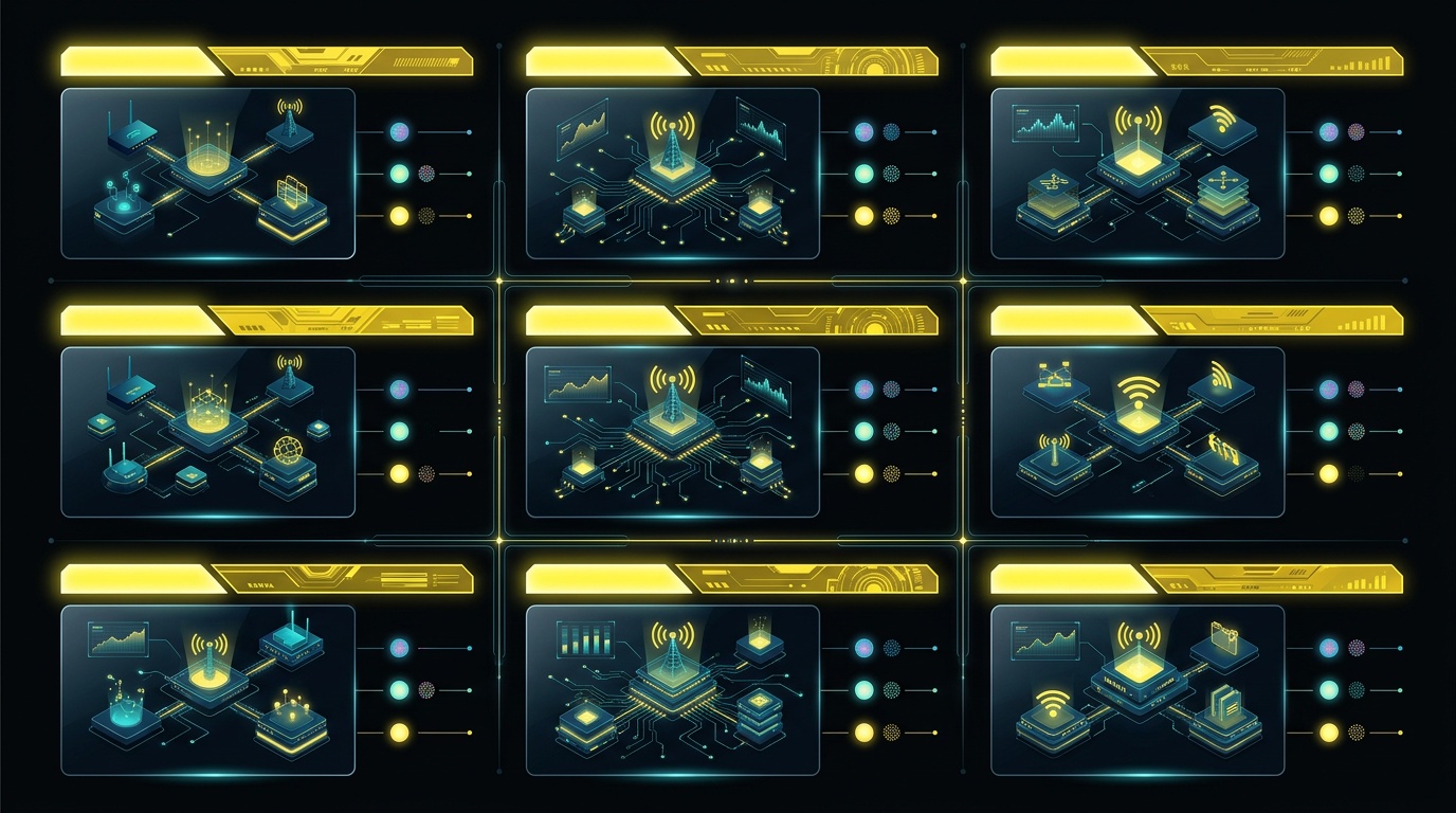Dark comparison-grid infographic of nine smartlink networks with yellow header accents