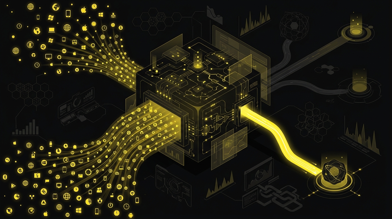 Schematic of visit signals funnelling into a smartlink routing engine, chosen offer in yellow