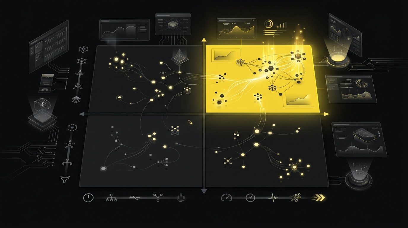 Dark 2x2 decision matrix plotting smartlink networks by payout speed and dating depth