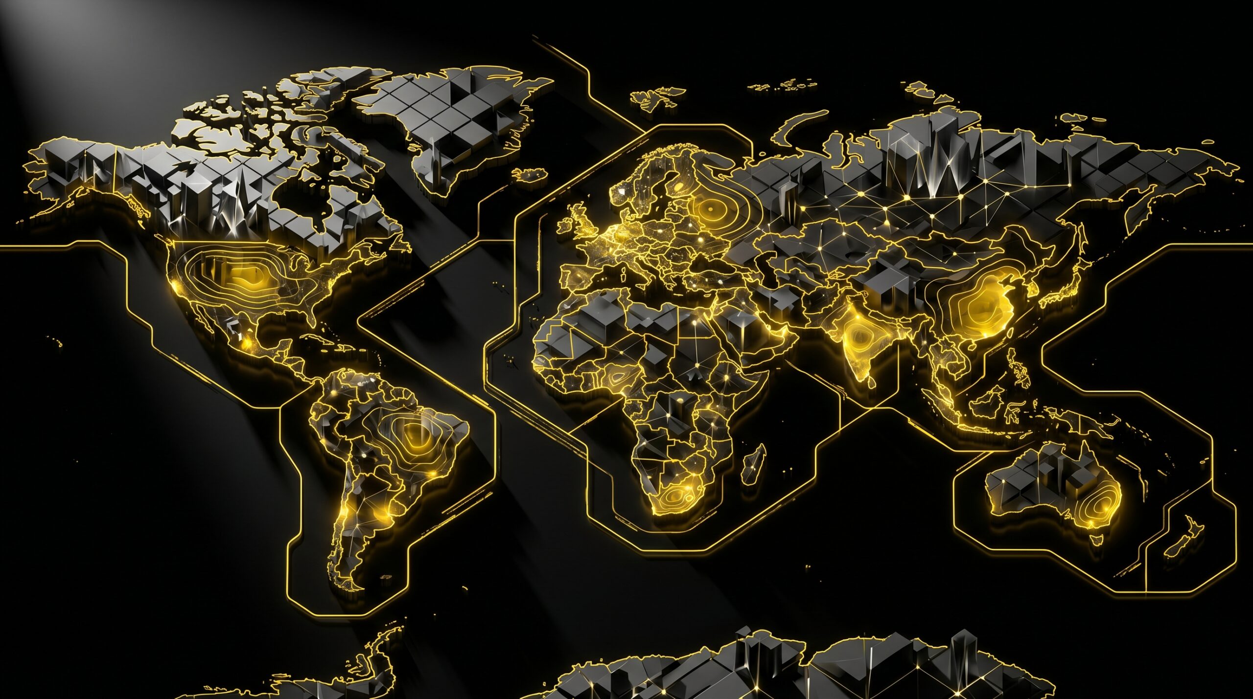 Abstract tiered world map showing dating affiliate GEO clusters by payout band and compliance risk, Datify yellow accents on pure black.