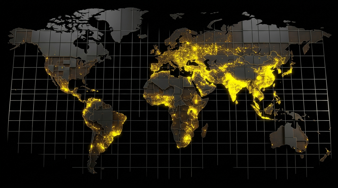 Heatmap visualization of dating affiliate fraud-source GEO density on Datify black-and-yellow editorial style, no national flags.