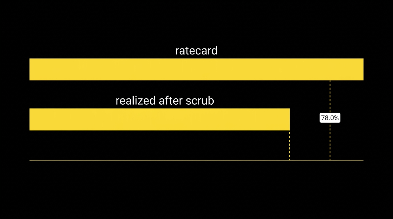 Bar chart showing the gap between ratecard payout and realized payout after the advertiser's monthly scrub on a dating CPA offer
