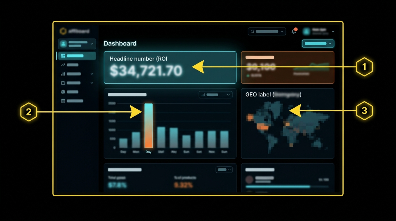 Annotated mock-up of a vendor-laundered dating affiliate case study highlighting the hero ROI, peak-day-only screenshot and anonymized GEO red flags