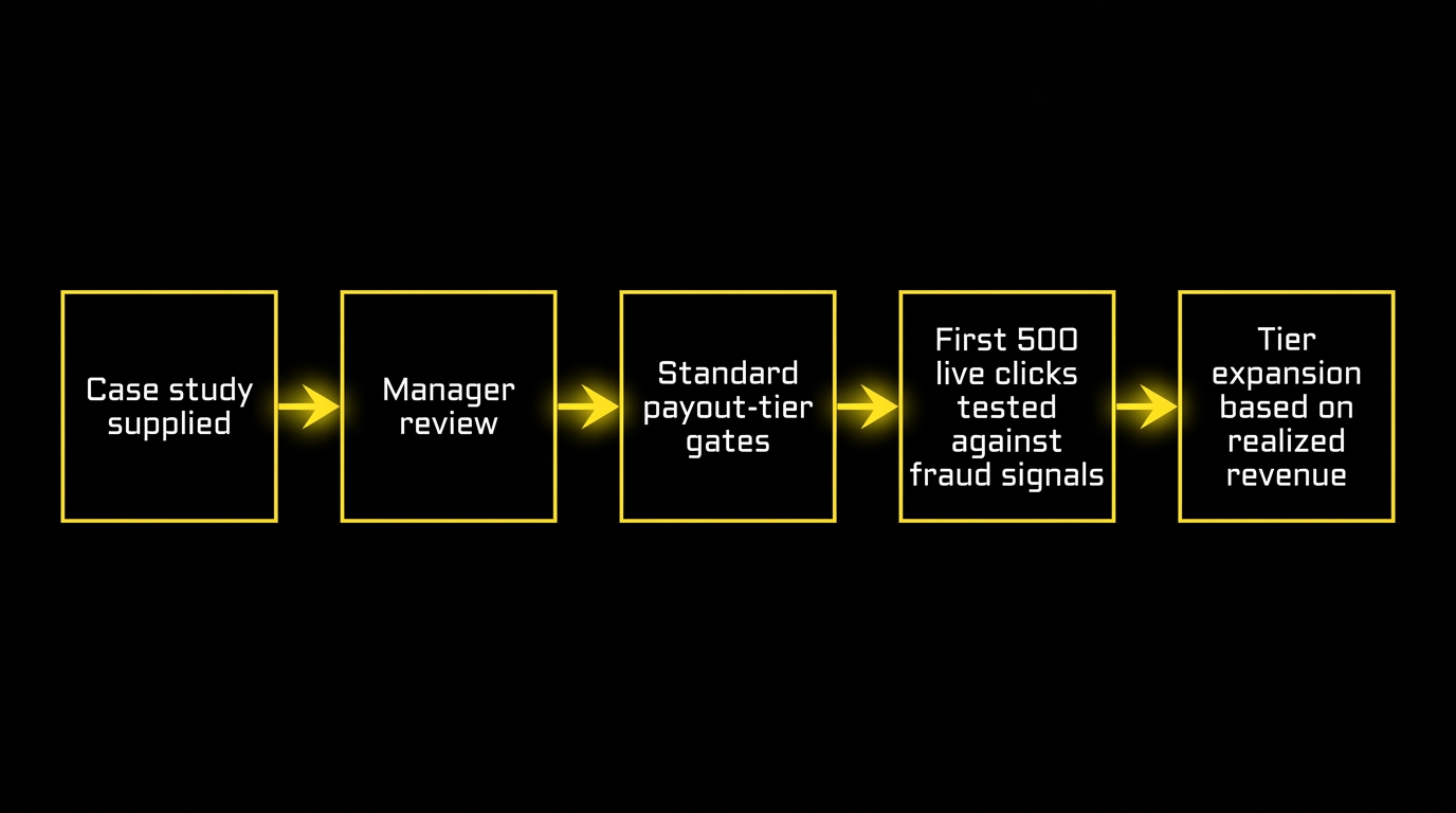 Datify affiliate-ops onboarding flowchart showing how a supplied case study moves through manager review and first-500-clicks fraud testing before payout-tier expansion