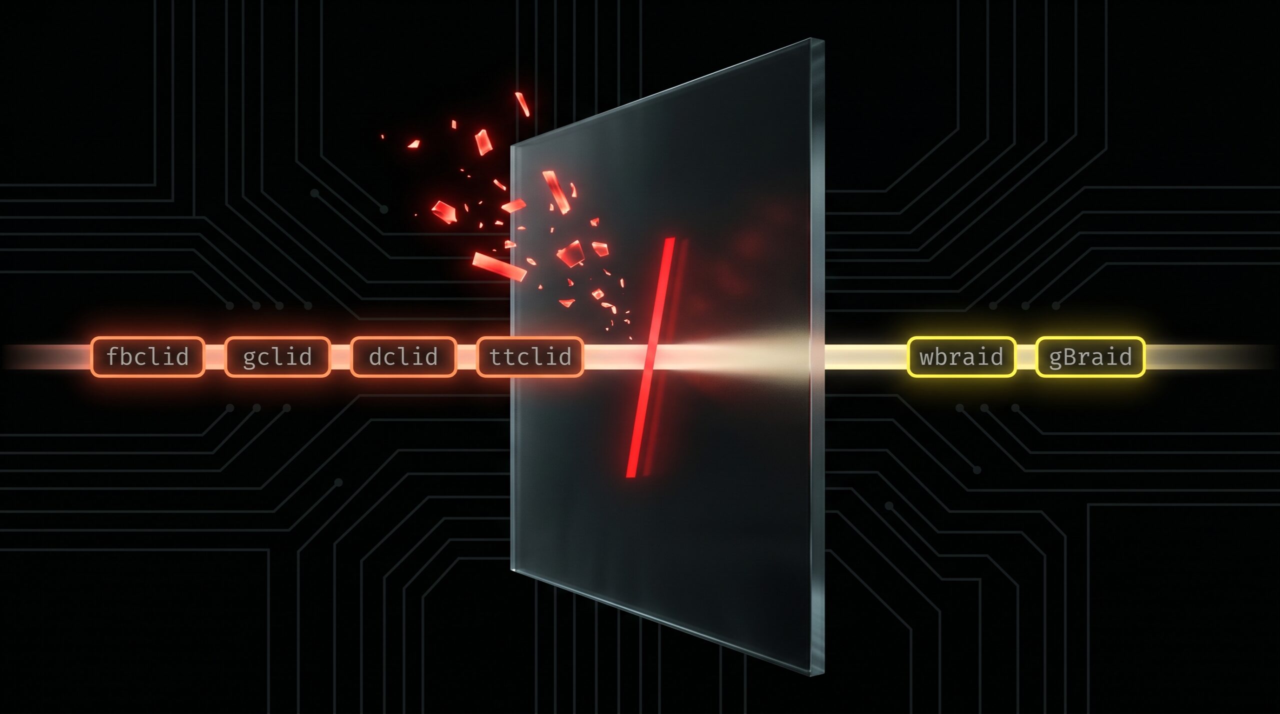 Diagram showing iOS 26 Link Tracking Protection stripping fbclid and gclid from a URL